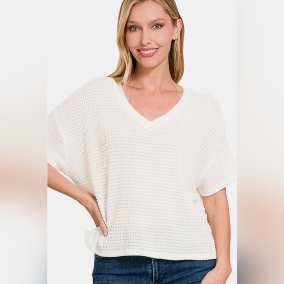 Zenana Drop Shoulder Short Sleeve Jacquard Knit Top - Picture 2 of 4